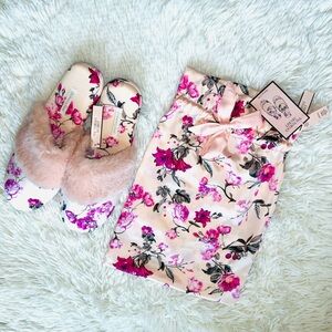 Victoria's Secret Satin Floral Faux Fur Cozy Slides Slippers with Dust Bag NEW
